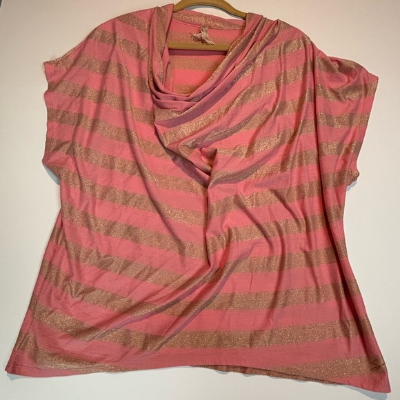 Seven7 Sparkly Coral Pink & Gold Striped Cowl Neck Top | Plus Size 2X/3X - Picture 3 of 10
